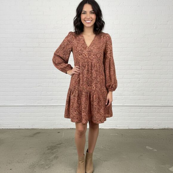 Lucky Brand Dress Size M Paisley Babydoll V-Neck 3/4 Sleeve Rust Orange Brown - Picture 1 of 13
